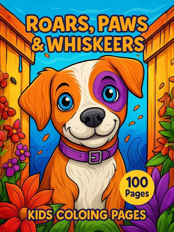 Roars, Paws & Whiskers - 100 Kids Coloring Pages printable coloring book cover