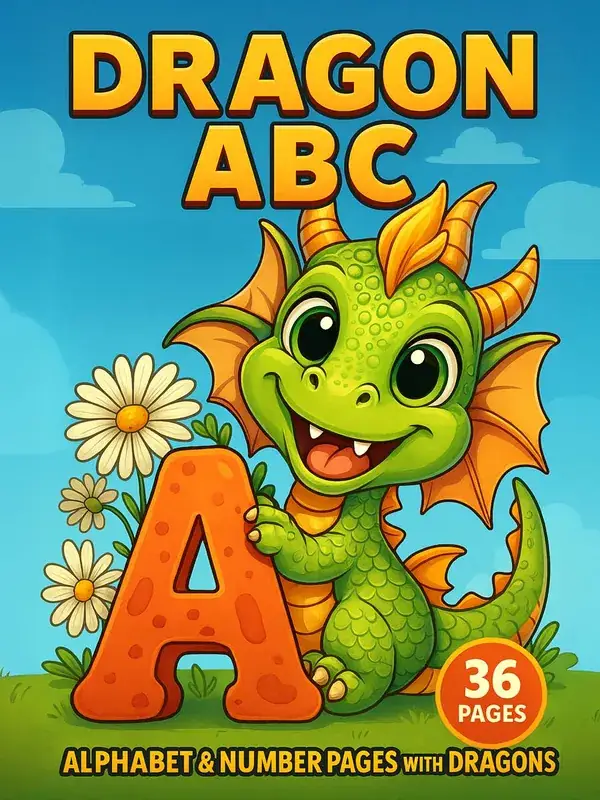 Dragon ABC – 36 Alphabet & Number Pages with Dragons printable coloring book cover
